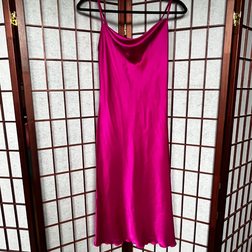 Vintage Bebe Y2K Hot Pink Satin Cowl Neck Midi Slip Dress - XS
